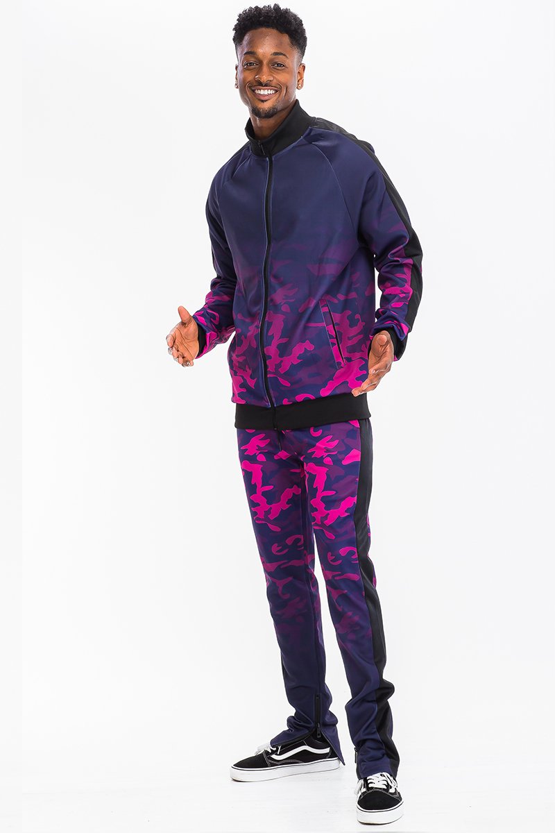 Camo Ombre Track Set featuring a stylish camouflage print, elasticated waist, and hidden ankle zipper, perfect for workouts and casual wear.