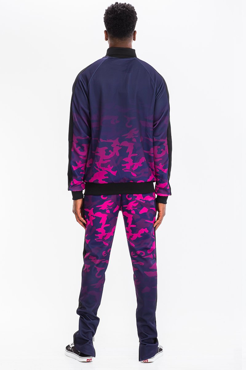 Camo Ombre Track Set featuring a stylish camouflage print, elasticated waist, and hidden ankle zipper, perfect for workouts and casual wear.
