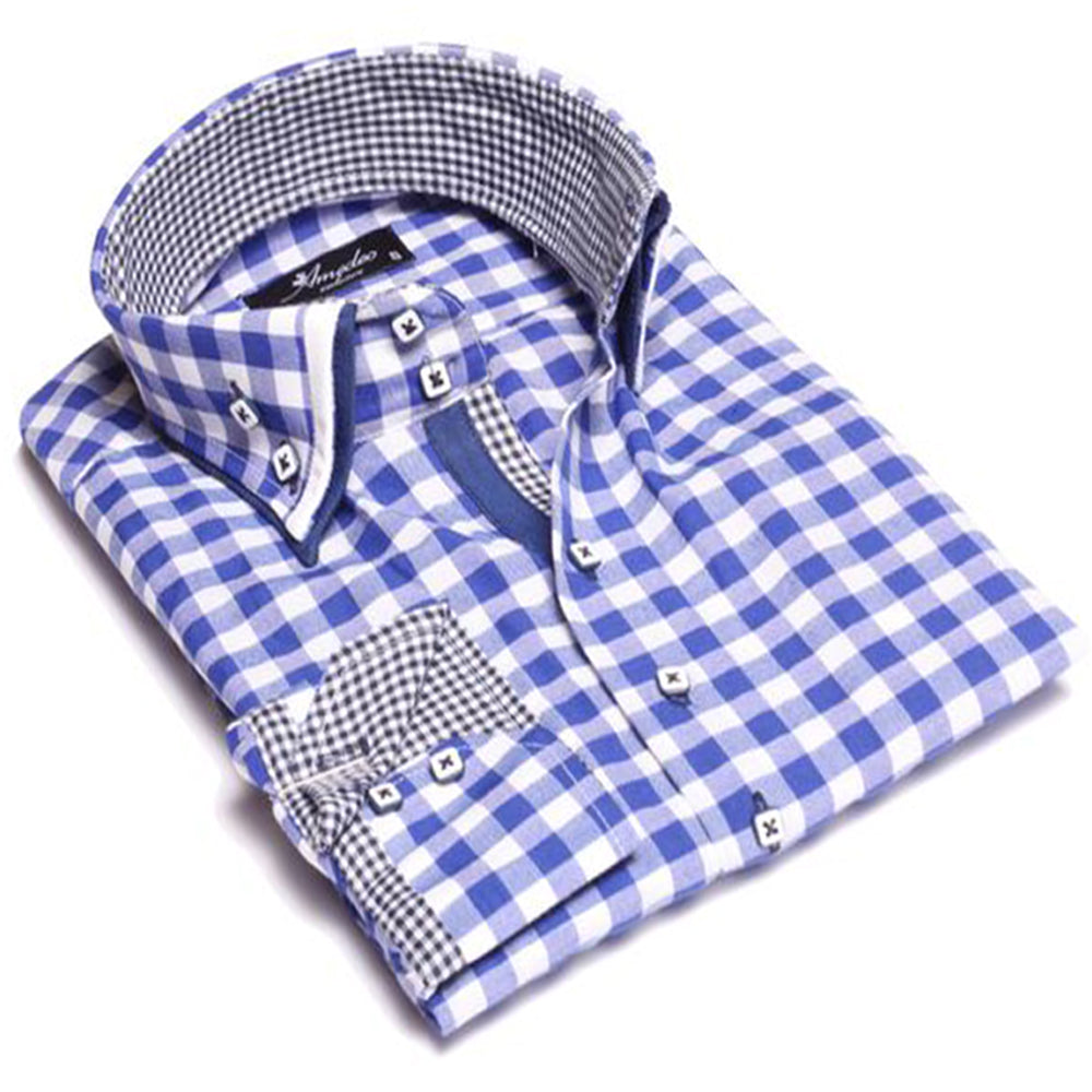 Checkered blue and white men's slim fit designer dress shirt made from luxury European cotton, featuring a spread collar and designer cuff.