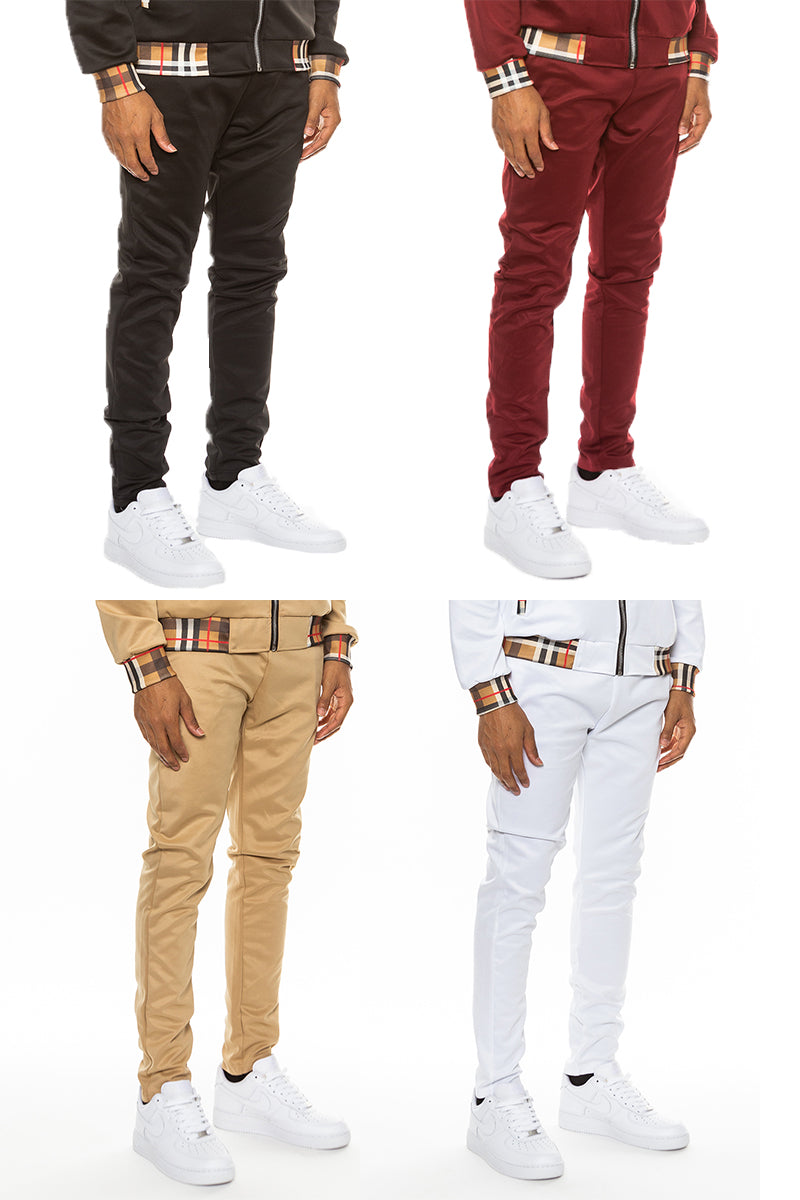 Checkered Detail Track Pant featuring plaid print, elastic waist, and standard pockets, made from polyester and spandex.