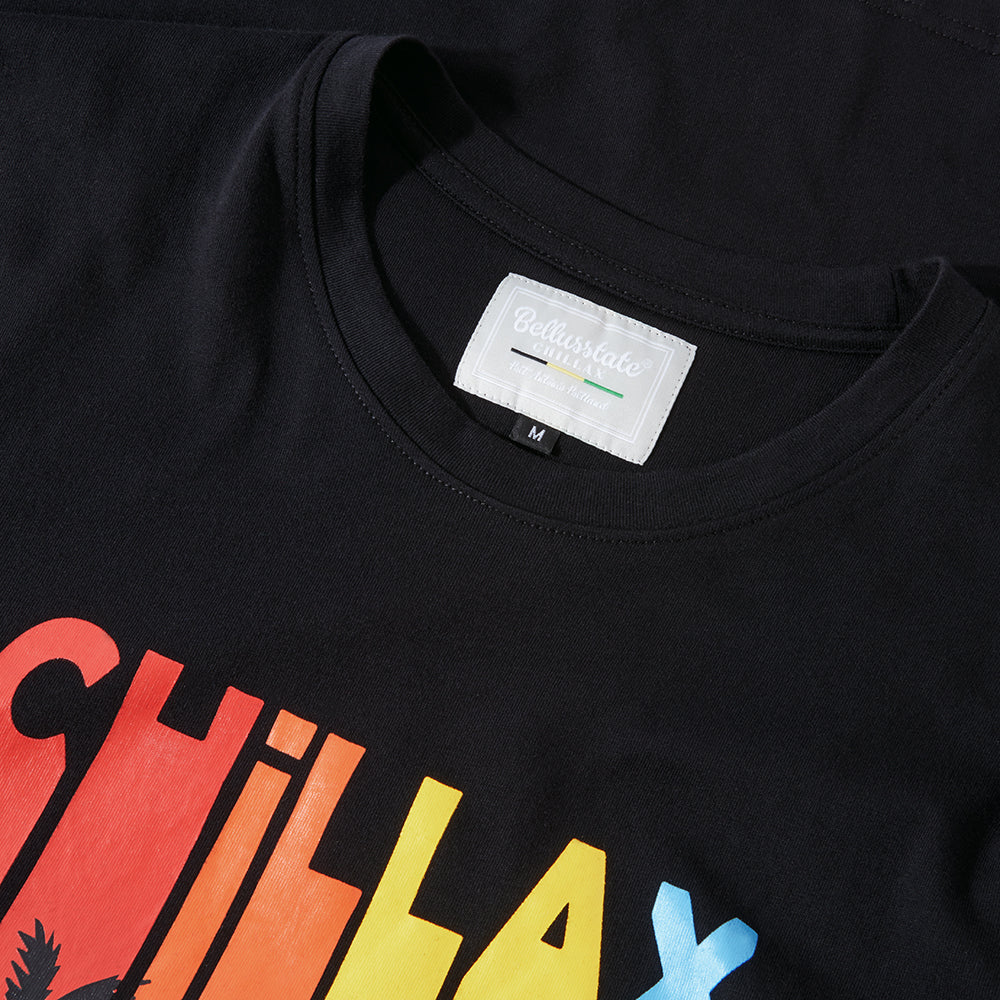 Chillax Motif Crewneck Cotton Short Sleeve Unisex T-Shirt featuring vibrant letters on a dark cotton background.
