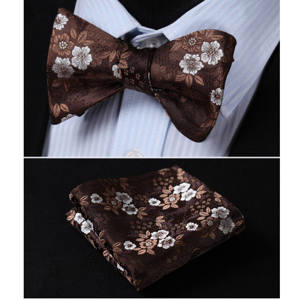 Chocolate Brown Floral Print Mens Silk Self Tie Bow Tie with matching pocket square, elegantly displayed in a gift box.