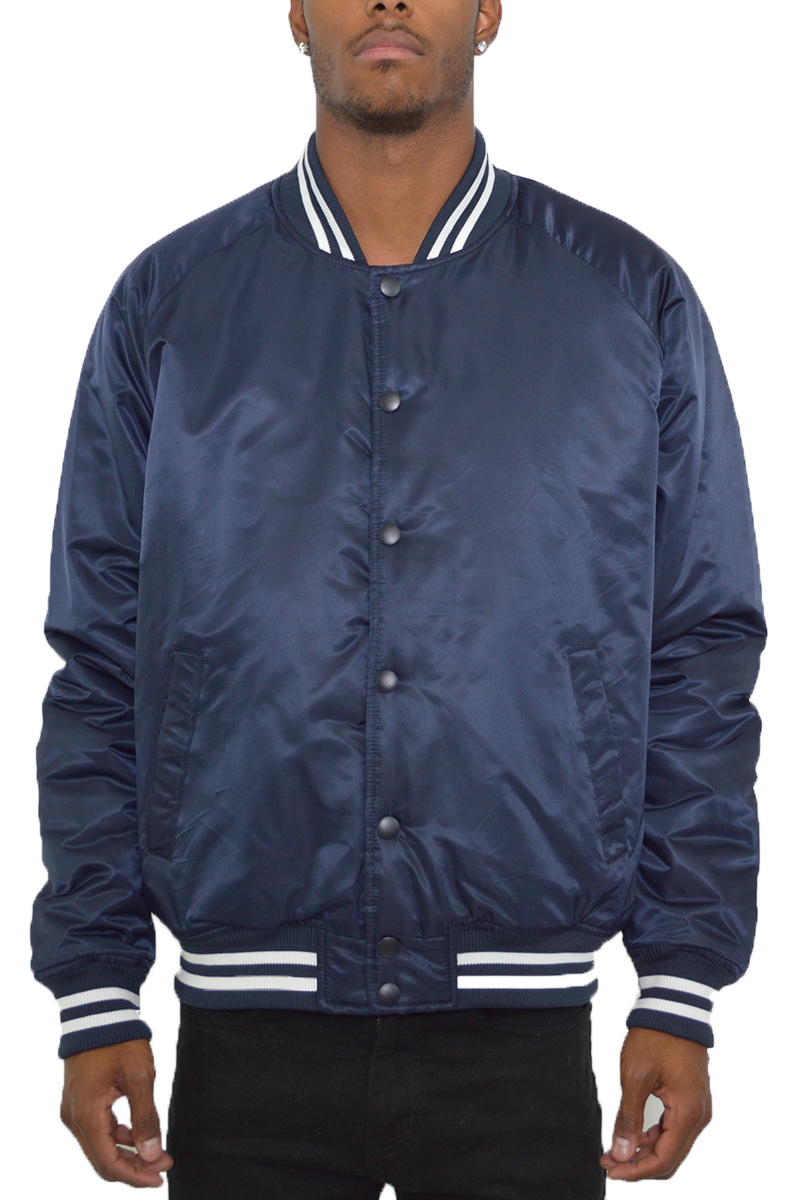 Classic Varsity Bomber Jacket featuring a snap button closure, ribbed collar, and standard pockets, perfect for casual wear.