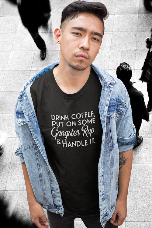 A stylish unisex T-shirt featuring a unique graphic design that combines coffee elements with gangster rap themes, made from soft ring-spun cotton.