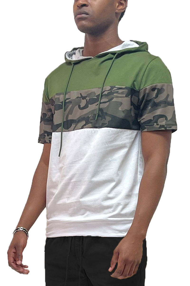 Color Block Short Sleeve Hooded Tee featuring a three-color design, chest pocket, and camo print accents, made from 100% cotton.