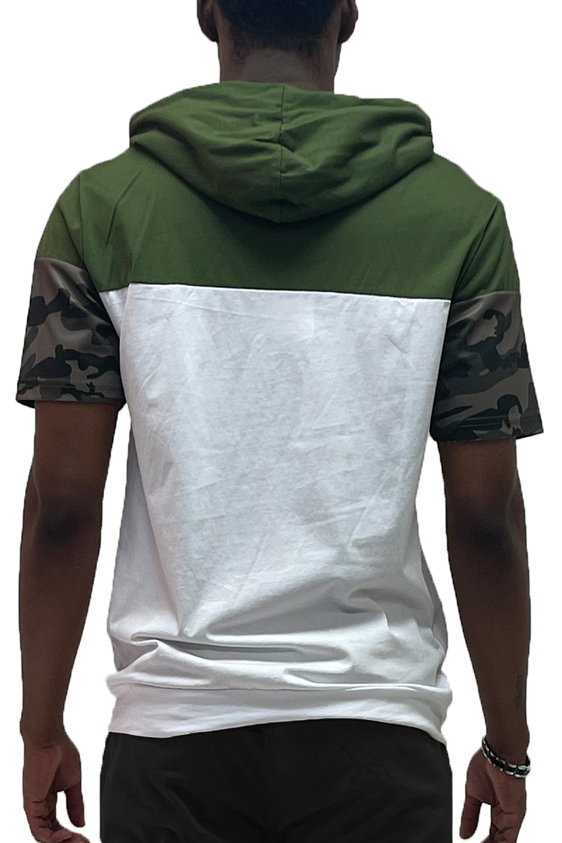 Color Block Short Sleeve Hooded Tee featuring a three-color design, chest pocket, and camo print accents, made from 100% cotton.