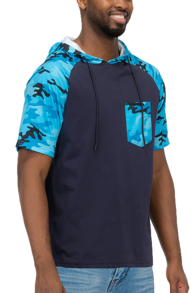 Color Block Short Sleeve Hooded Tee featuring a three-color design, chest pocket, and camo print, made from 100% cotton.