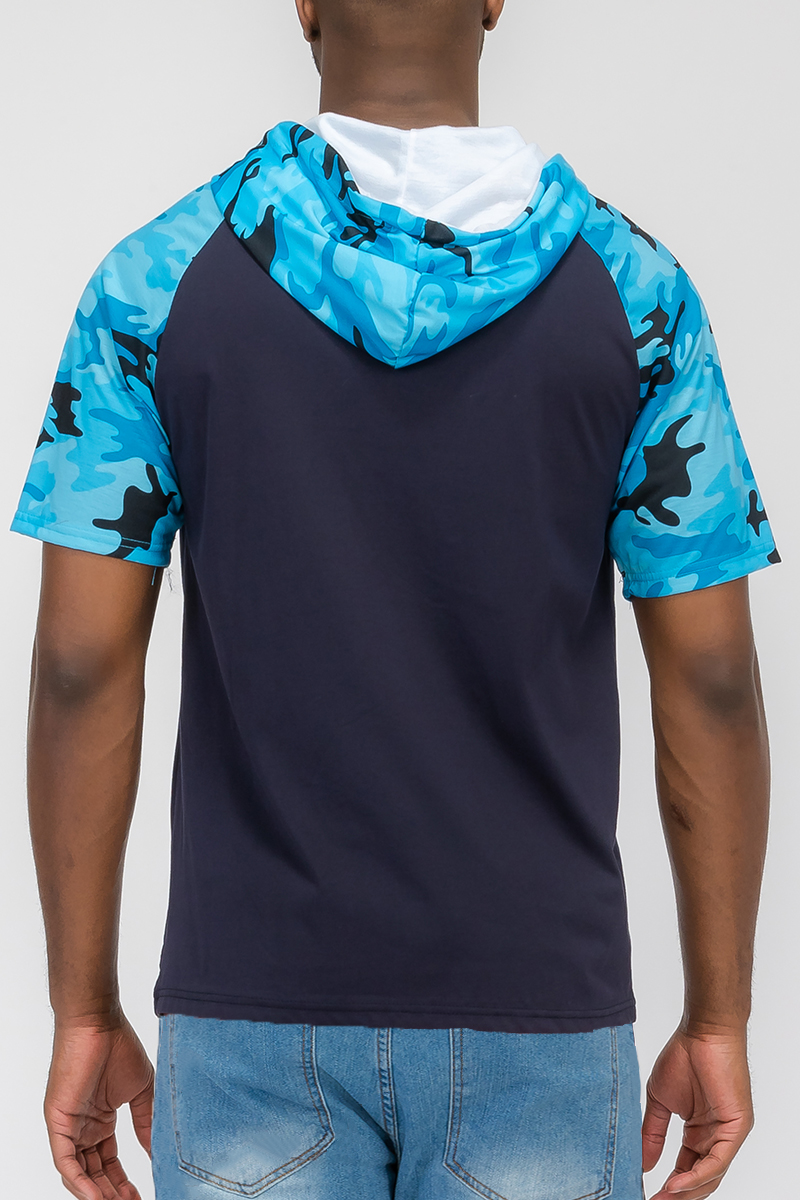 Color Block Short Sleeve Hooded Tee featuring a three-color design, chest pocket, and camo print, made from 100% cotton.