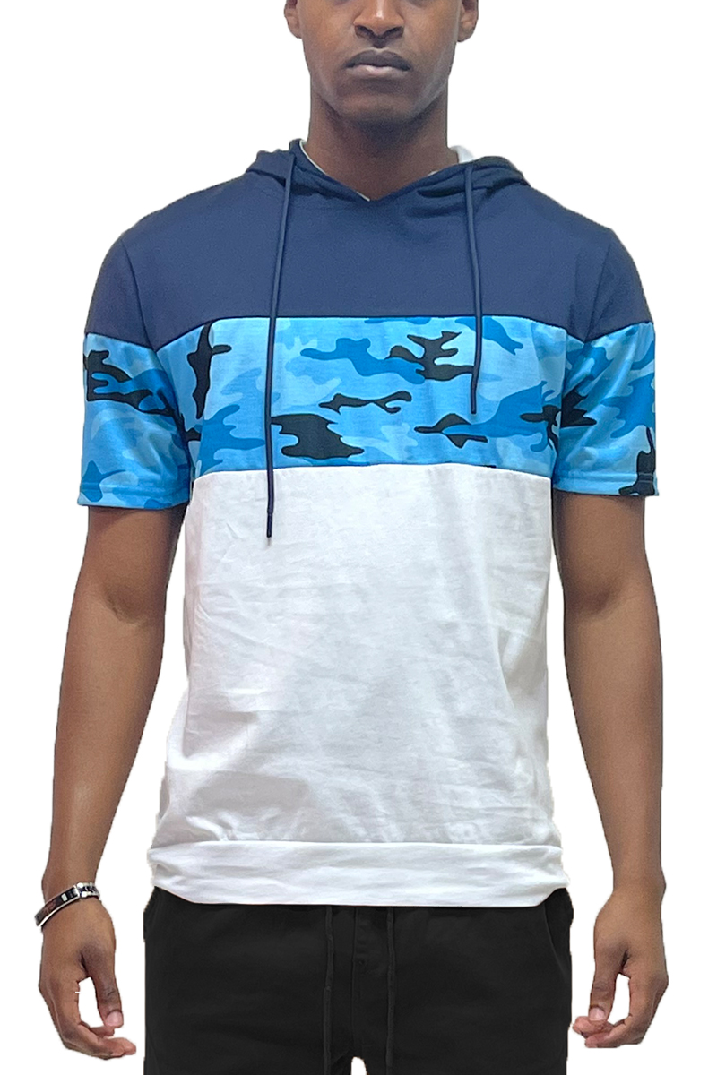 Color Block Short Sleeve Hooded Tee featuring a camo design, drawstring hood, and made from 100% cotton for comfort.