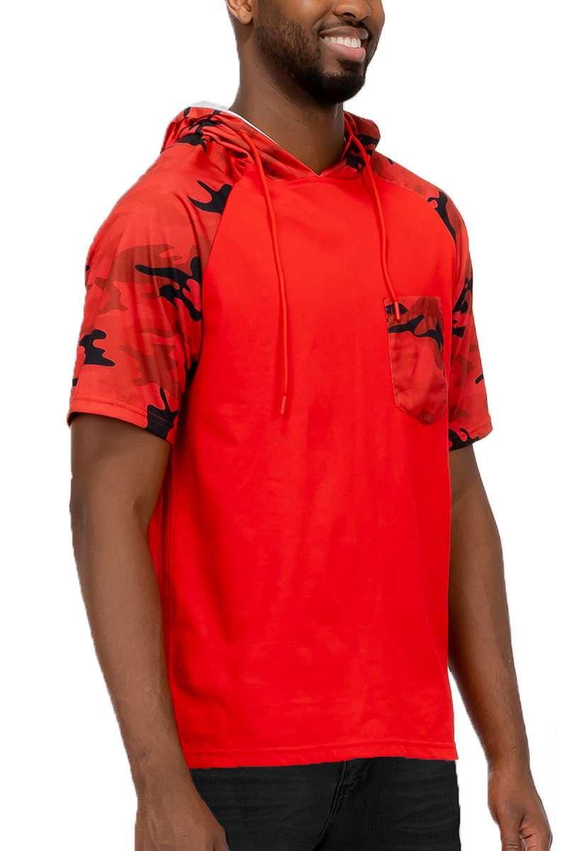 Color Block Short Sleeve Hooded Tee featuring a three-color design, chest pocket, and camo print, made from 100% cotton.