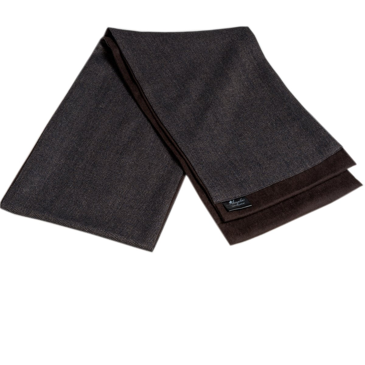 Comfortable brown men's wool scarf featuring a stylish black brown check pattern, made from silk and suede for warmth and comfort.