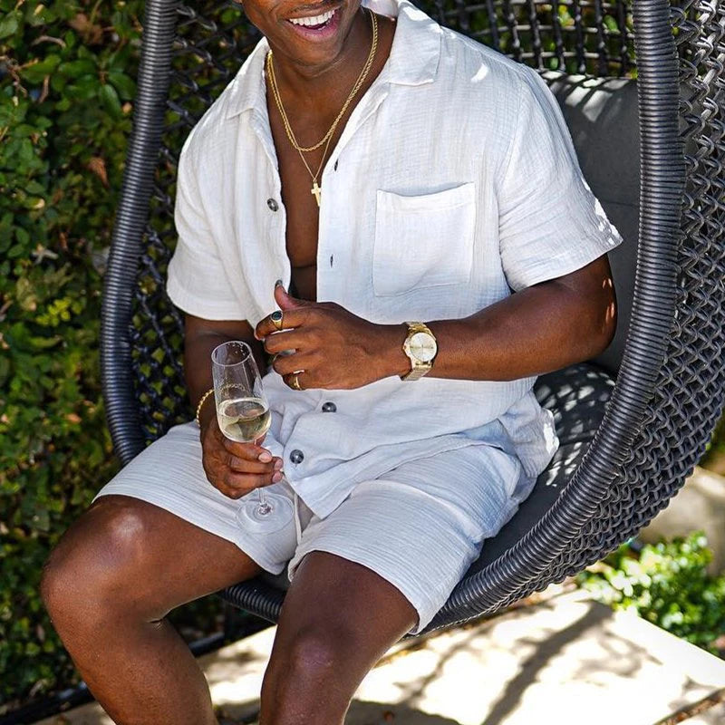 Comfortable Cool Men Beach Shorts Set featuring high-quality cotton, solid pattern, and adjustable drawstring closure.