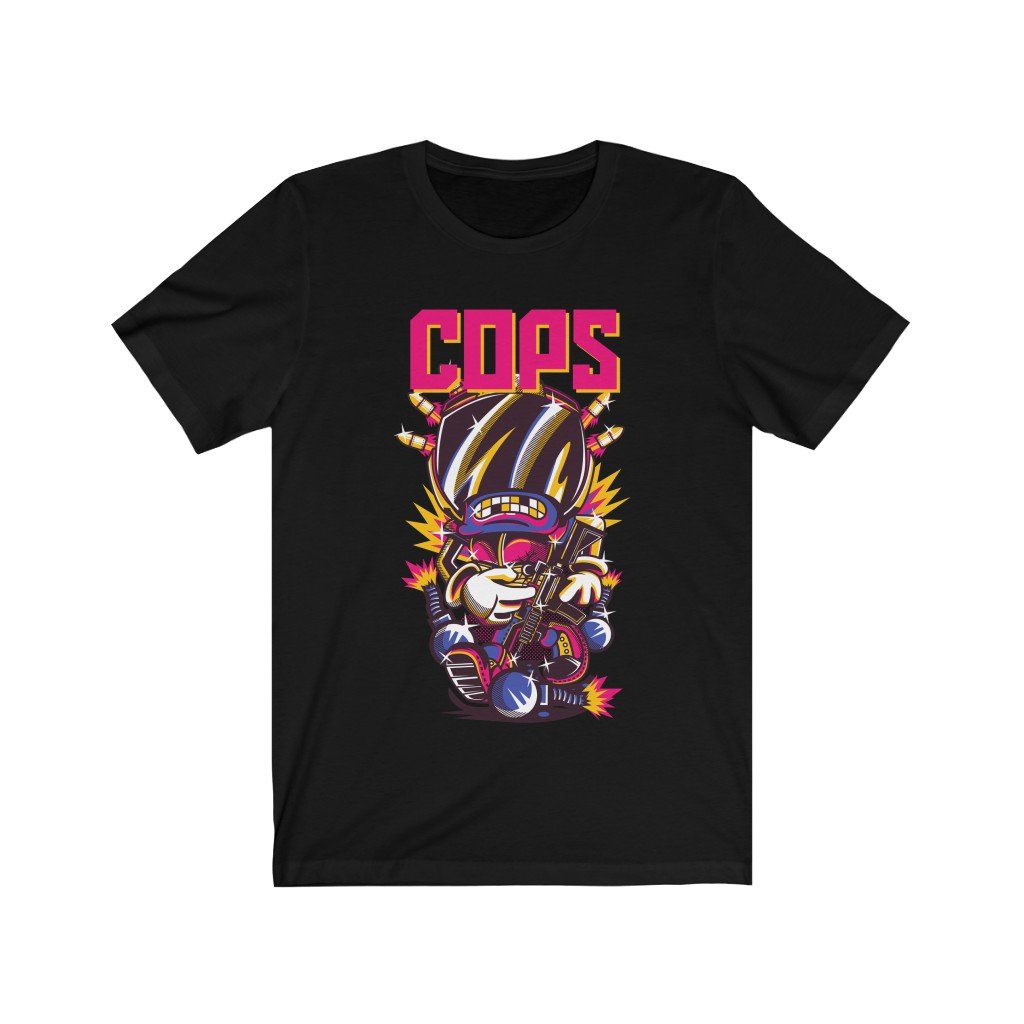 Cops Robot Graphic T-Shirt featuring a vibrant robot design on a soft cotton fabric, suitable for unisex wear.
