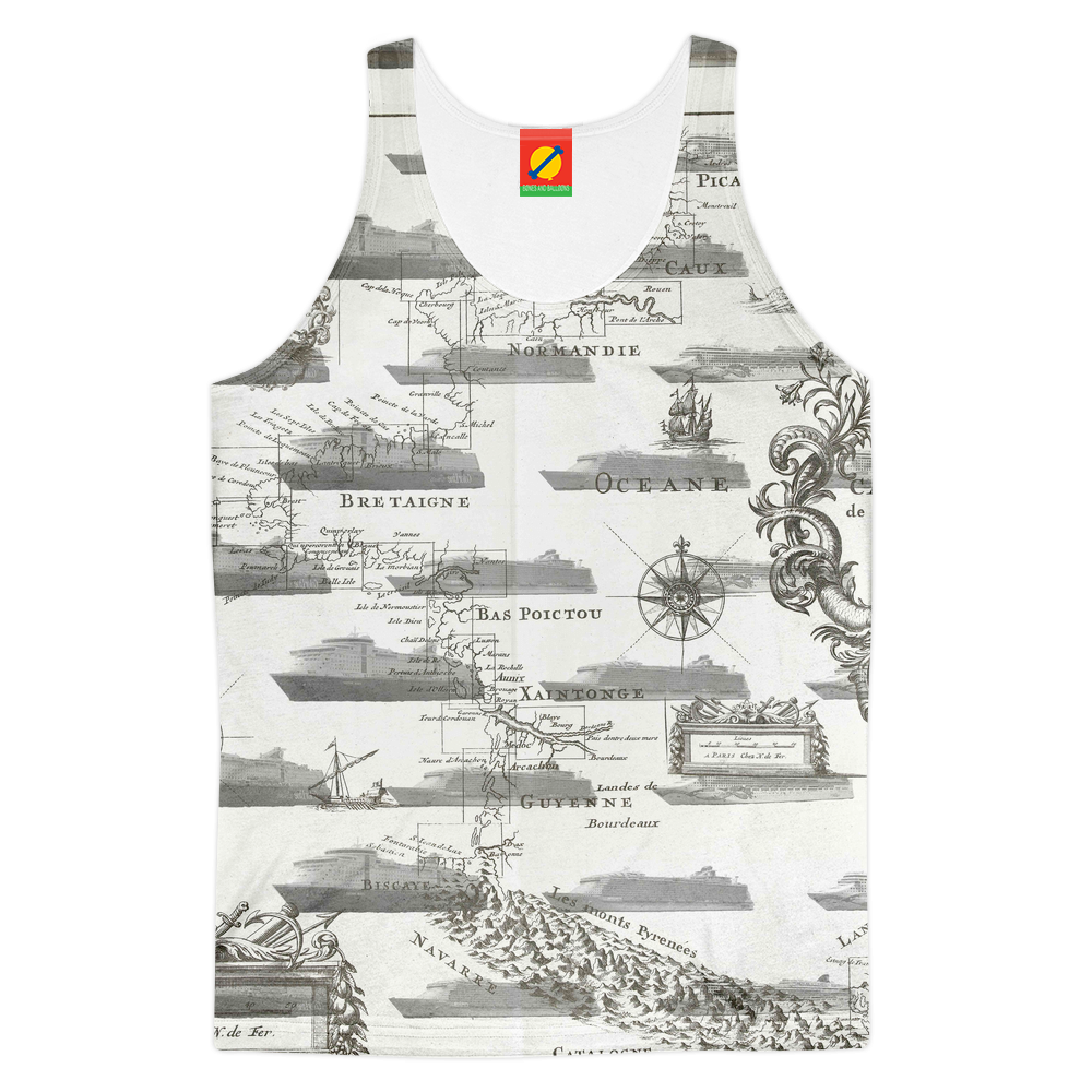 Women's tank top featuring a vibrant cruise ship collage print, fully printed on both sides for a stylish summer look.