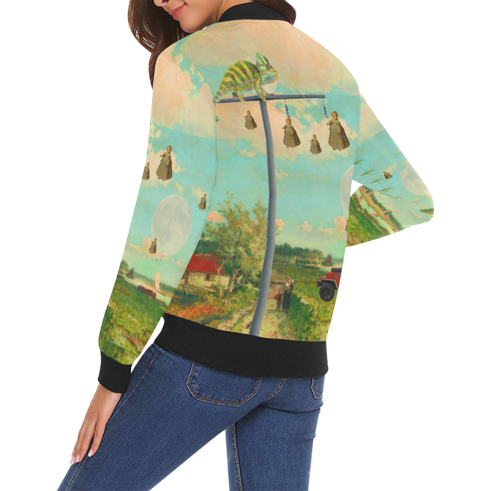 DANDELIONS All Over Print Bomber Jacket for Women featuring vibrant dandelion design, zip front, and ribbed collar.