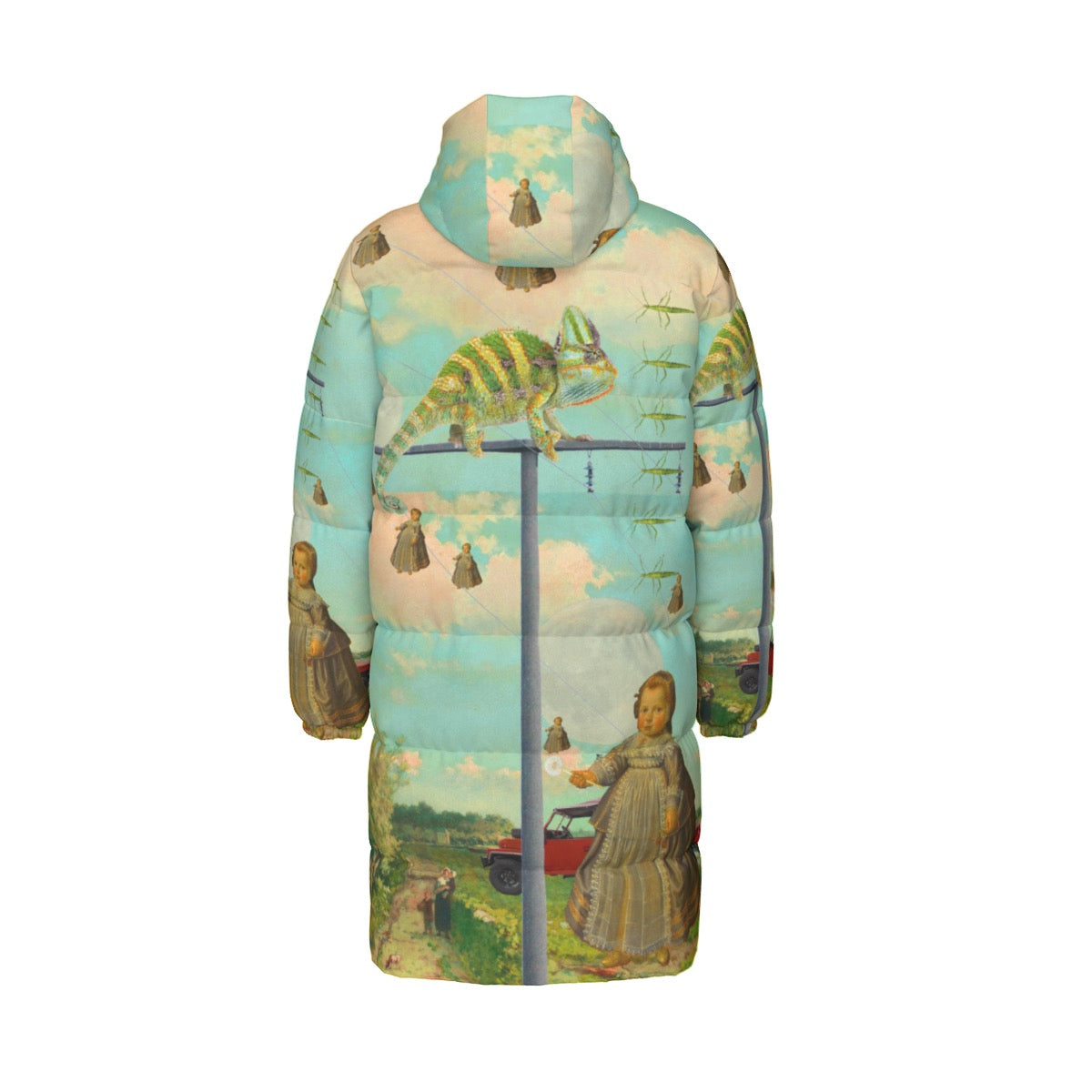 DANDELIONS All-Over Print Unisex Long Down Jacket showcasing vibrant print and stylish design.