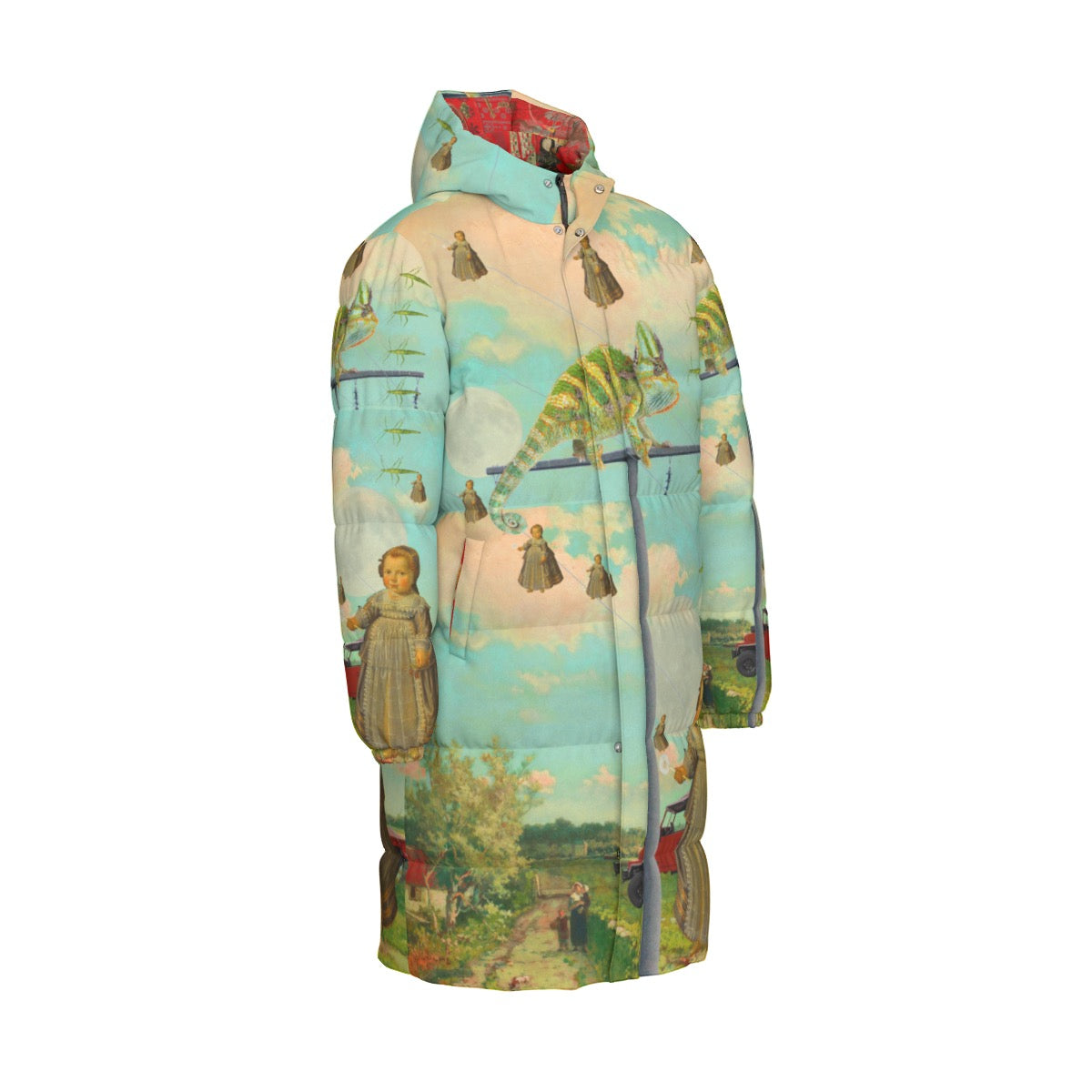 DANDELIONS All-Over Print Unisex Long Down Jacket showcasing vibrant print and stylish design.