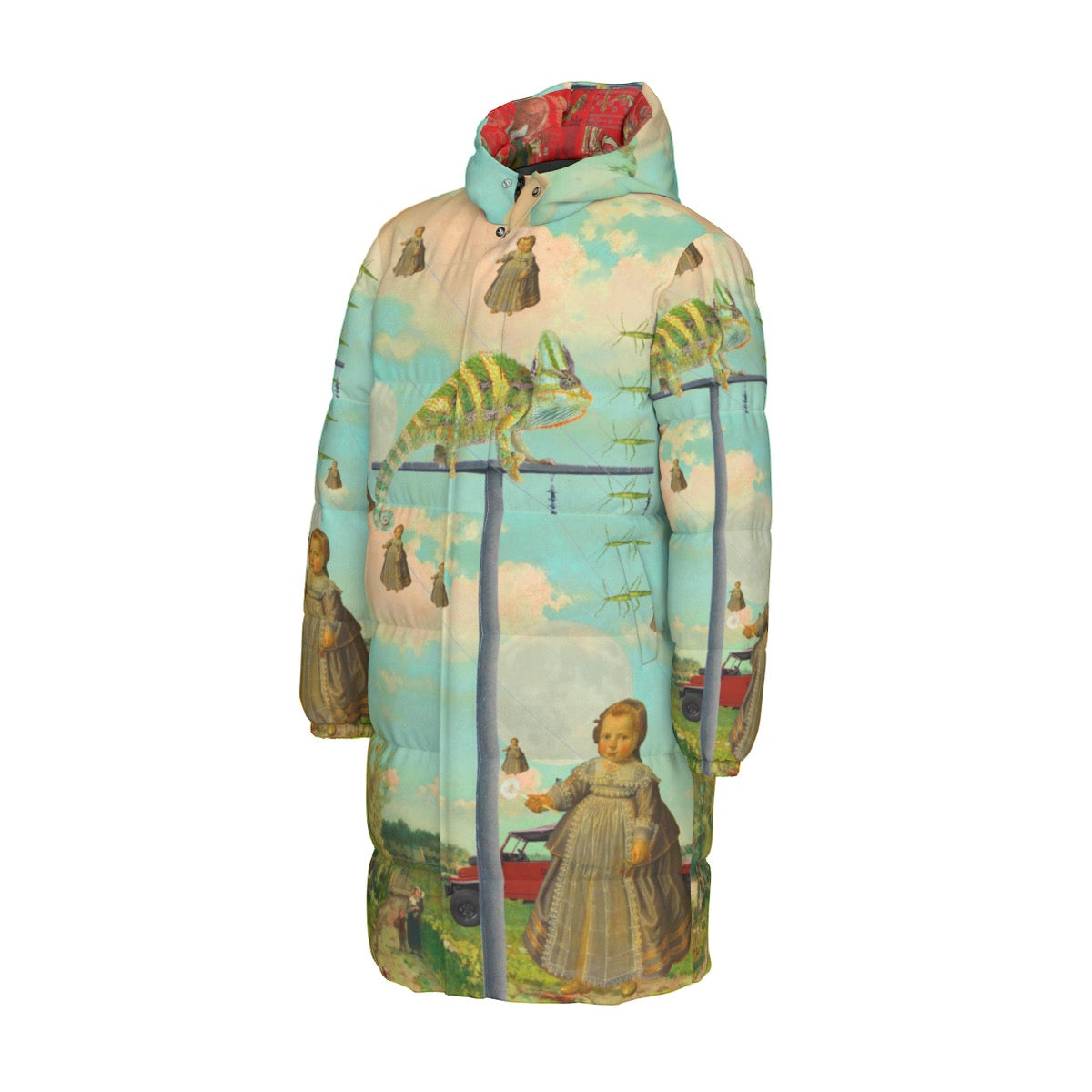 DANDELIONS All-Over Print Unisex Long Down Jacket showcasing vibrant print and stylish design.