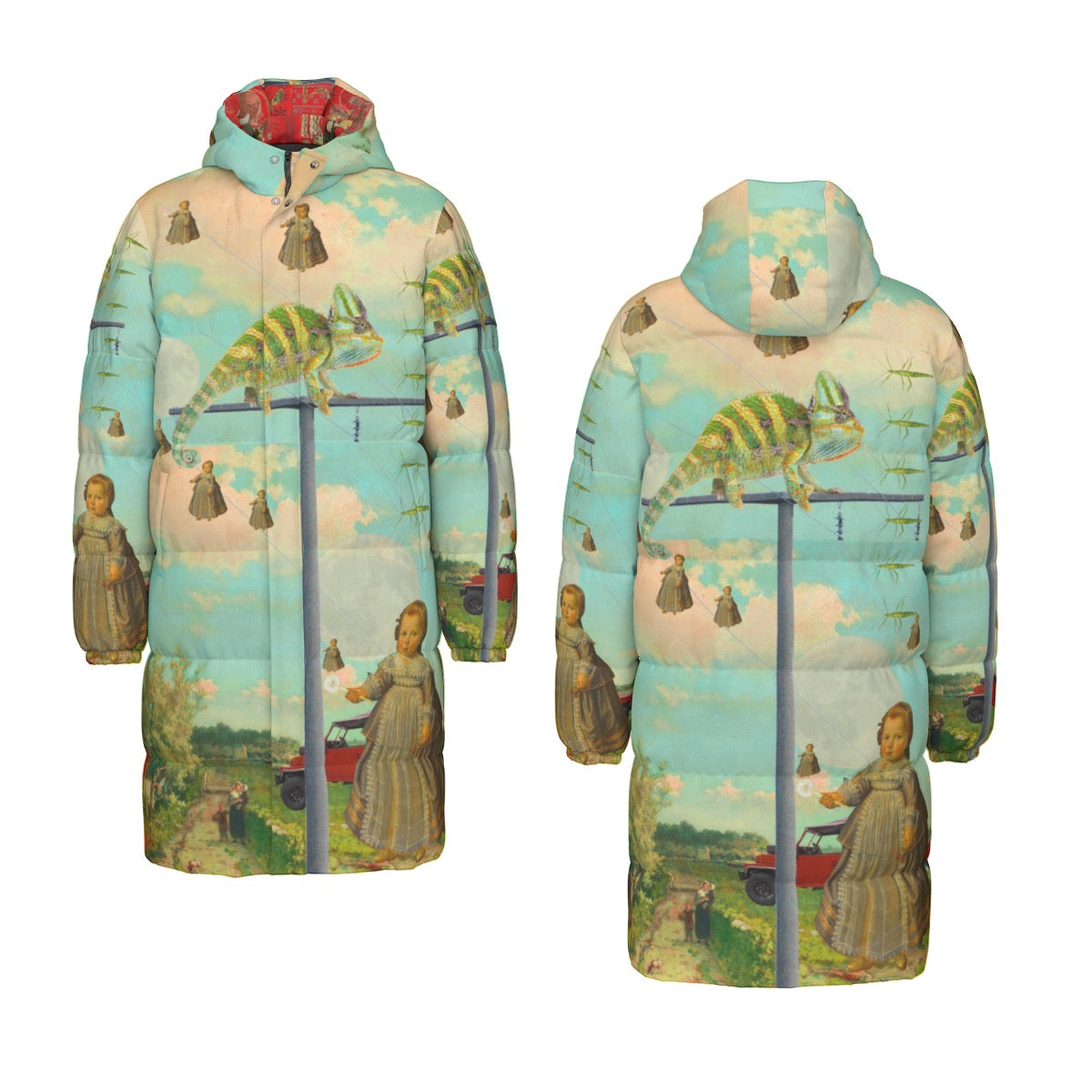 DANDELIONS All-Over Print Unisex Long Down Jacket showcasing vibrant print and stylish design.
