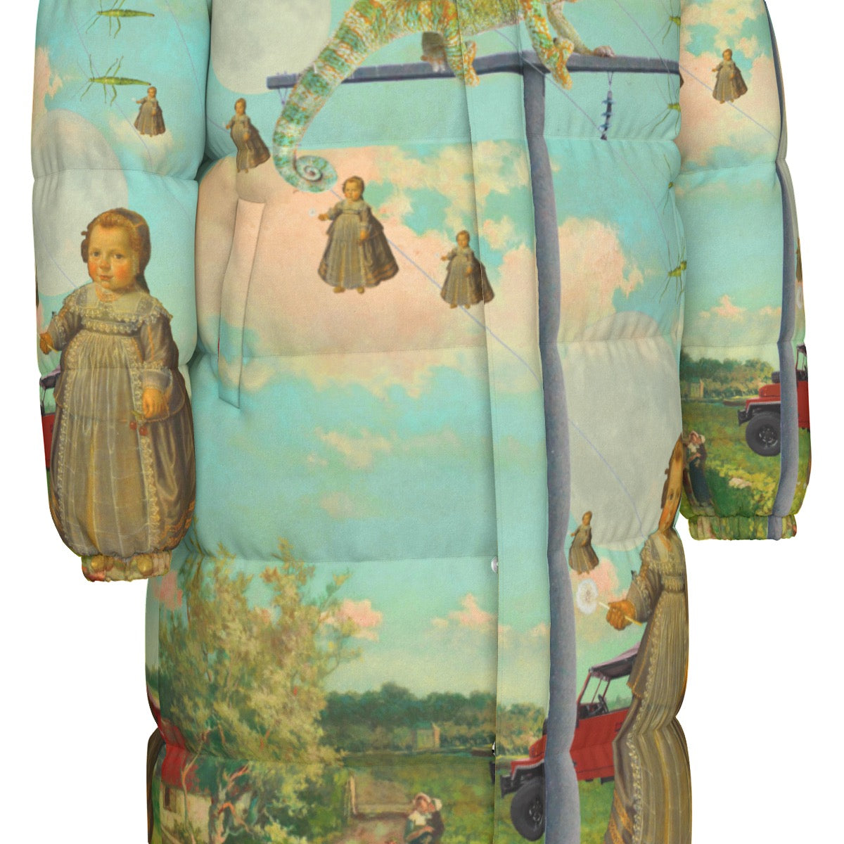 DANDELIONS All-Over Print Unisex Long Down Jacket showcasing vibrant print and stylish design.