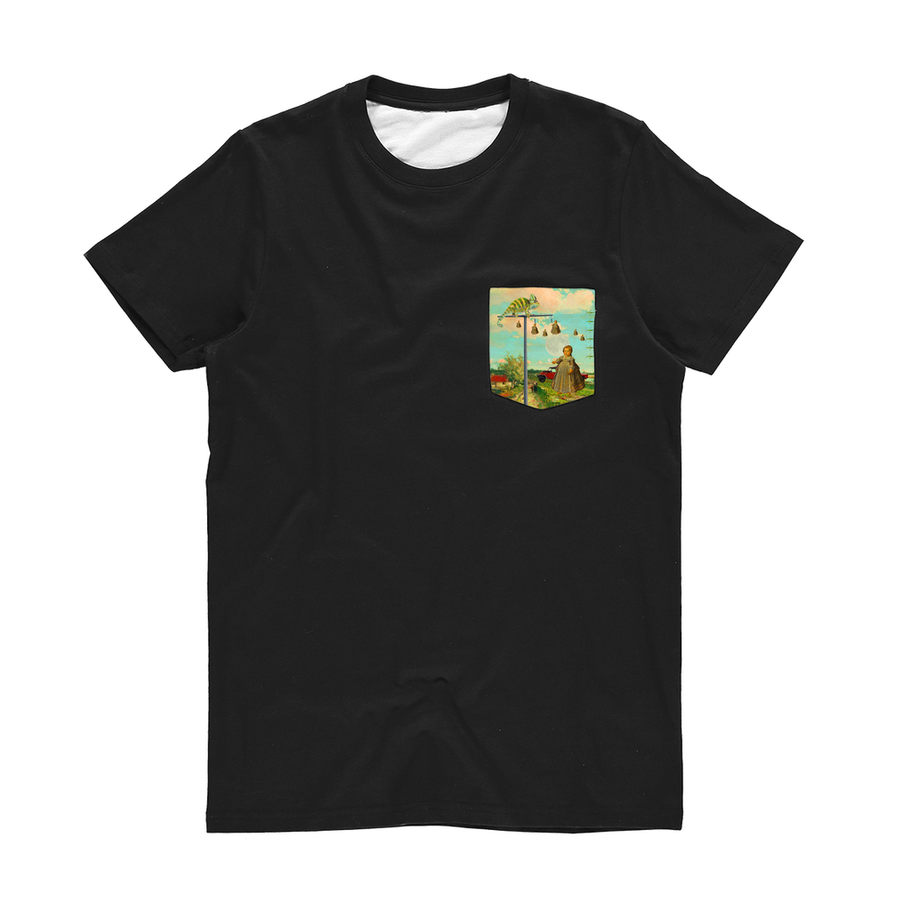 DANDELIONS Classic Sublimation Pocket Tee featuring vibrant pocket print and plain black back, made from 100% cotton.