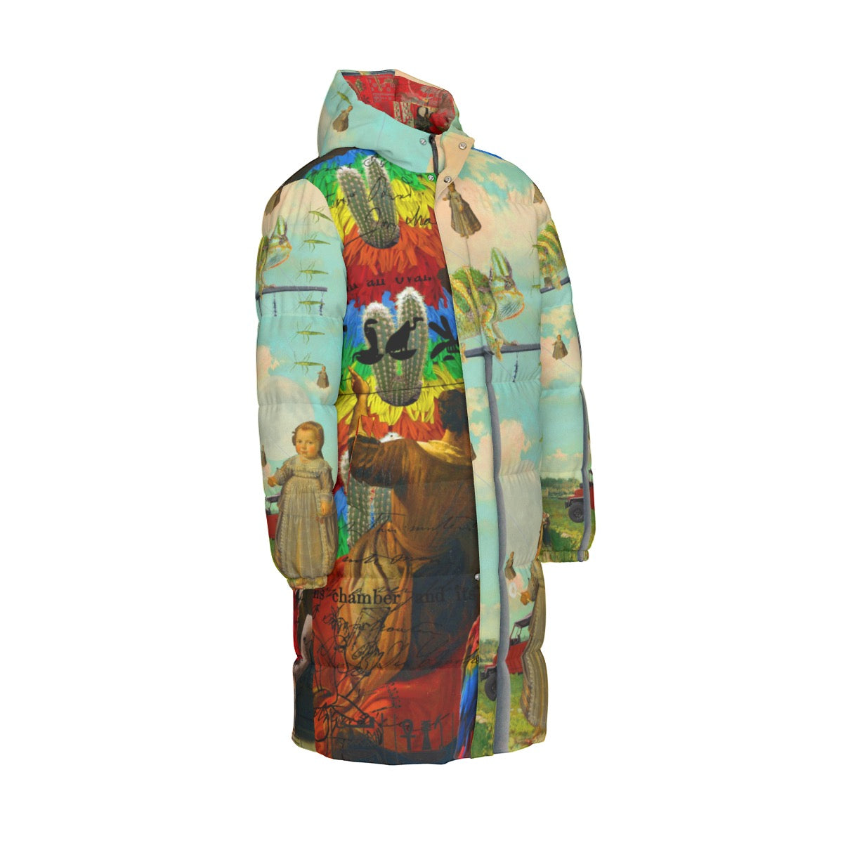 DANDELIONS X AND THIS Rainbow Brush Cactus puffer jacket with vibrant all-over print, showcasing its stylish design and warm features.