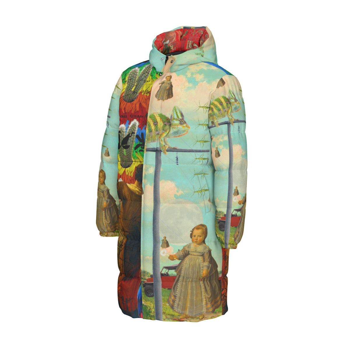 DANDELIONS X AND THIS Rainbow Brush Cactus puffer jacket with vibrant all-over print, showcasing its stylish design and warm features.