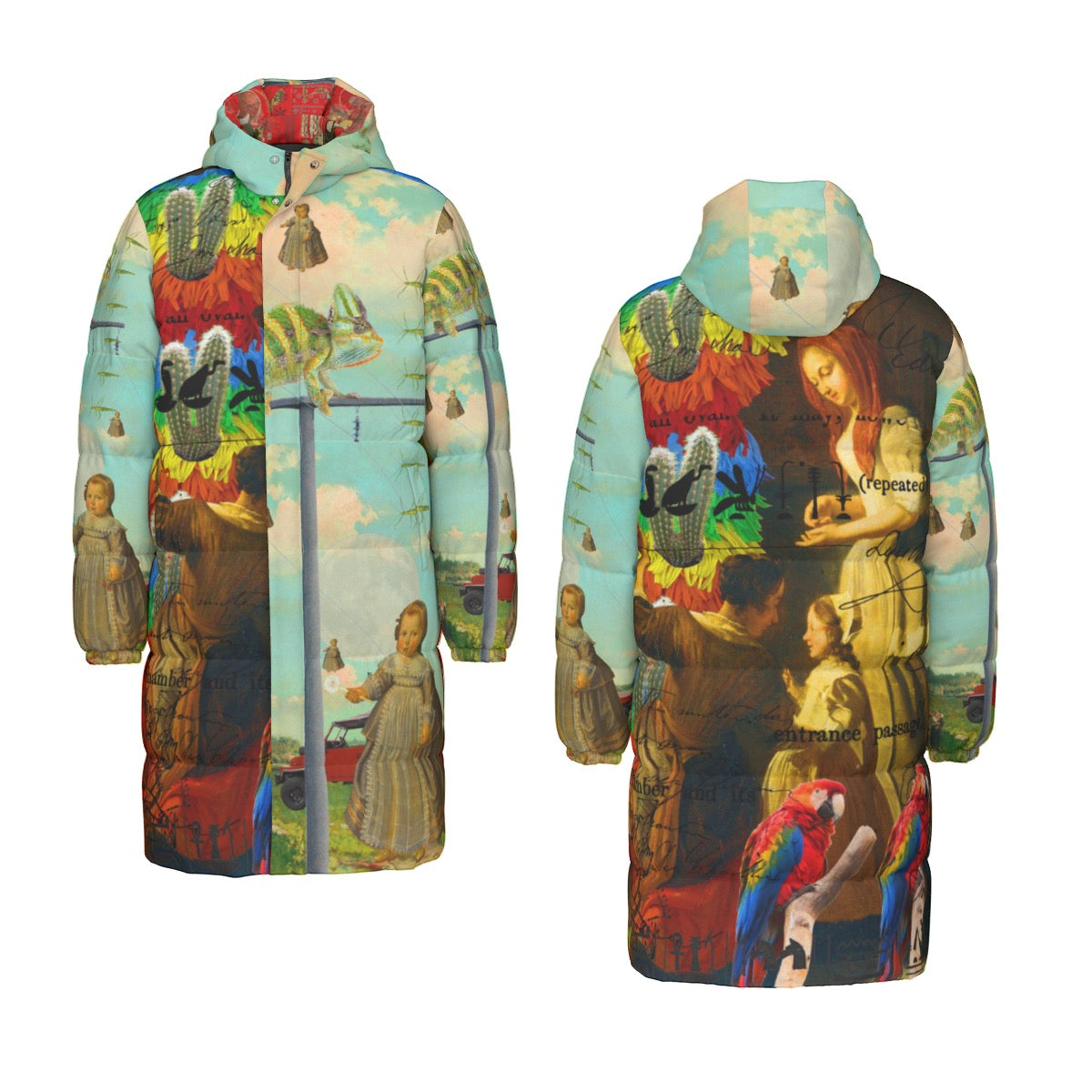 DANDELIONS X AND THIS Rainbow Brush Cactus puffer jacket with vibrant all-over print, showcasing its stylish design and warm features.