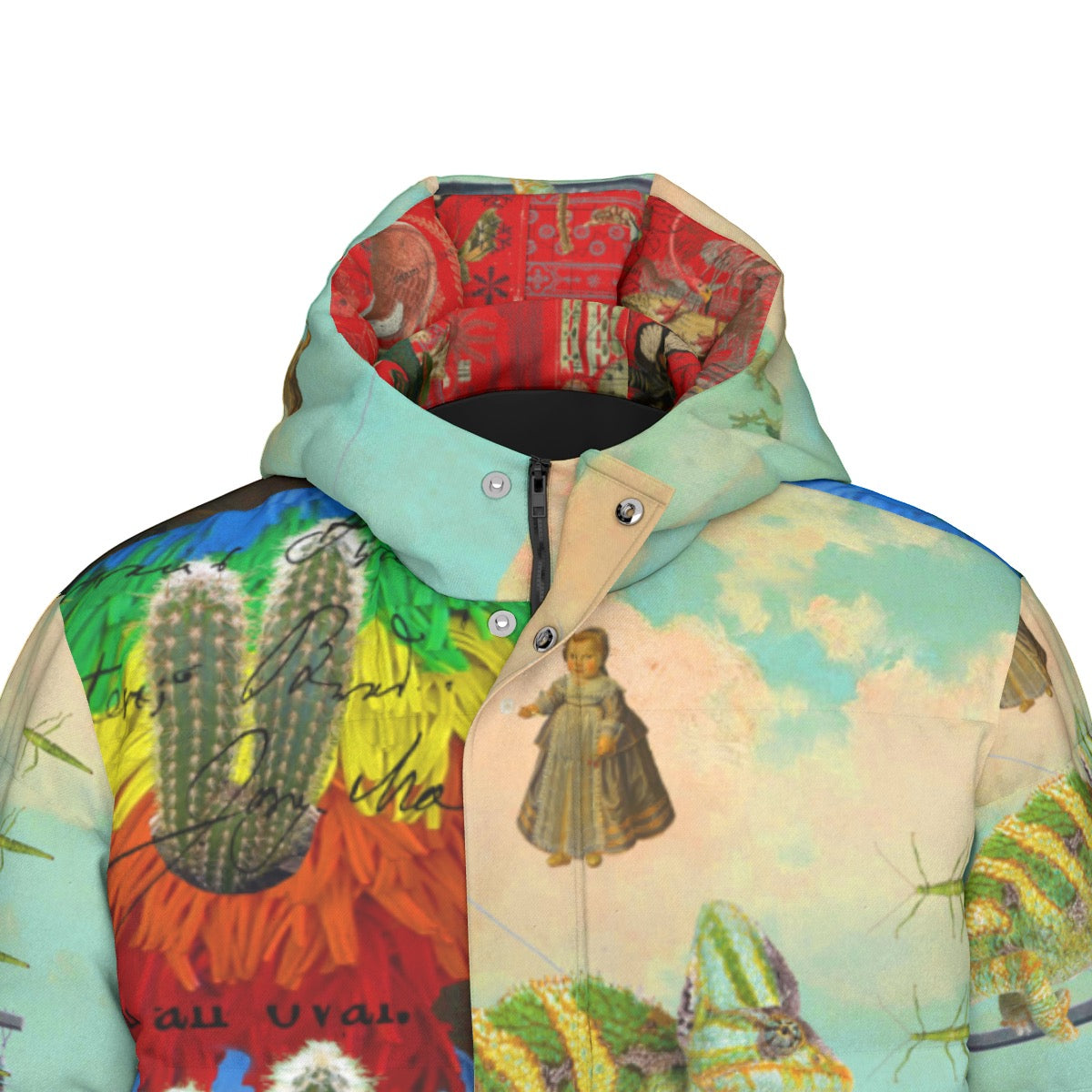 DANDELIONS X AND THIS Rainbow Brush Cactus puffer jacket with vibrant all-over print, showcasing its stylish design and warm features.