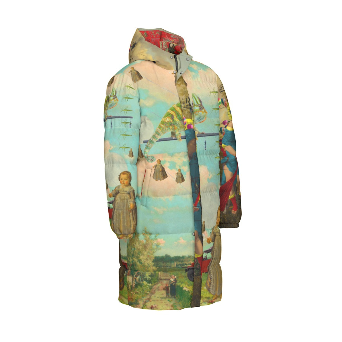 DANDELIONS X PASSING OUT THE BROOMS All-Over Print Unisex Long Down jacket showcasing vibrant collage design and stylish features.