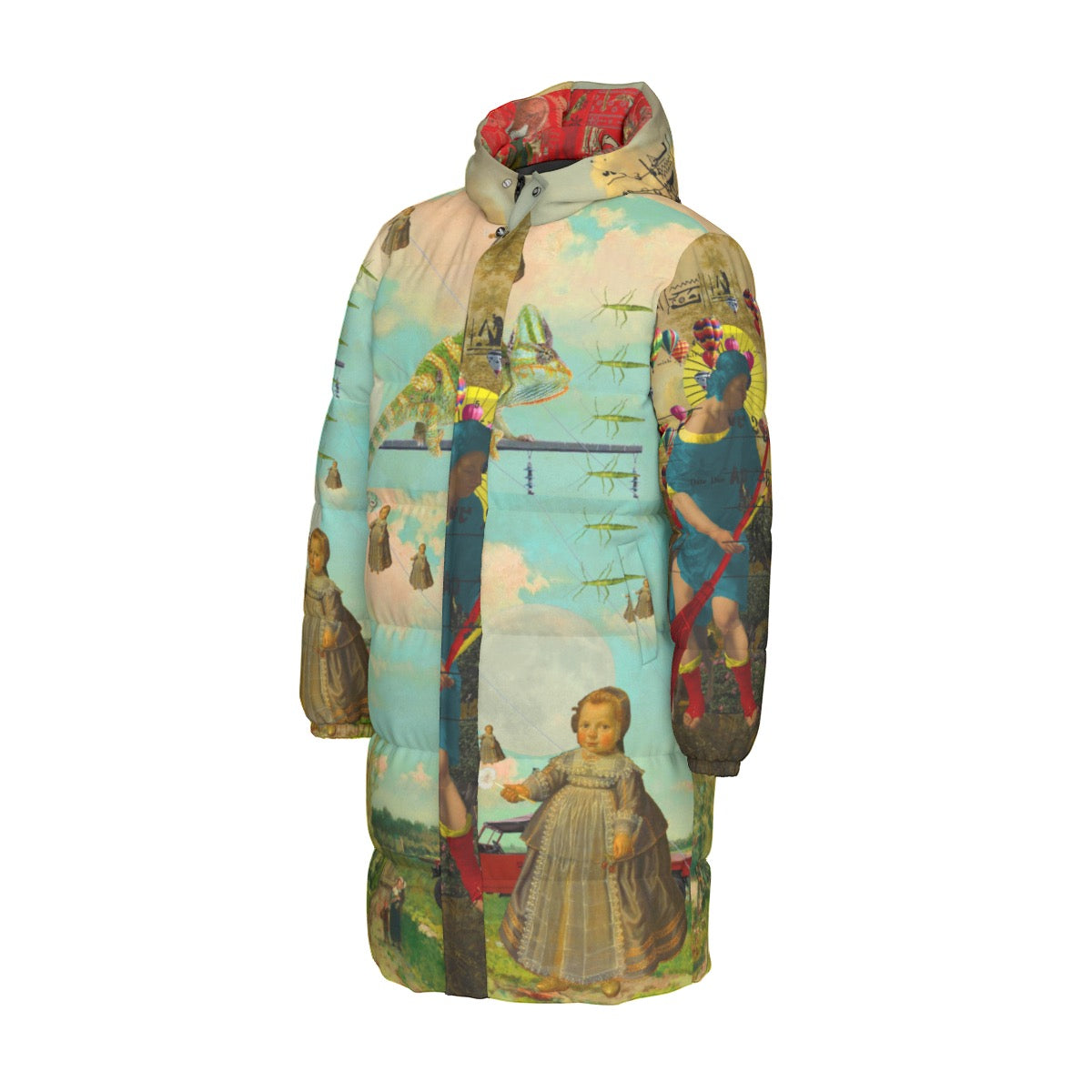 DANDELIONS X PASSING OUT THE BROOMS All-Over Print Unisex Long Down jacket showcasing vibrant collage design and stylish features.