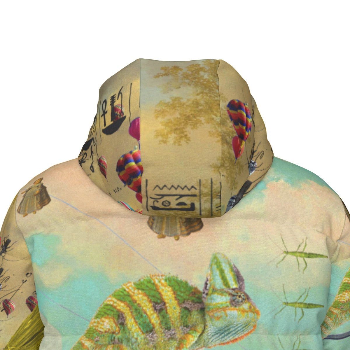 DANDELIONS X PASSING OUT THE BROOMS All-Over Print Unisex Long Down jacket showcasing vibrant collage design and stylish features.