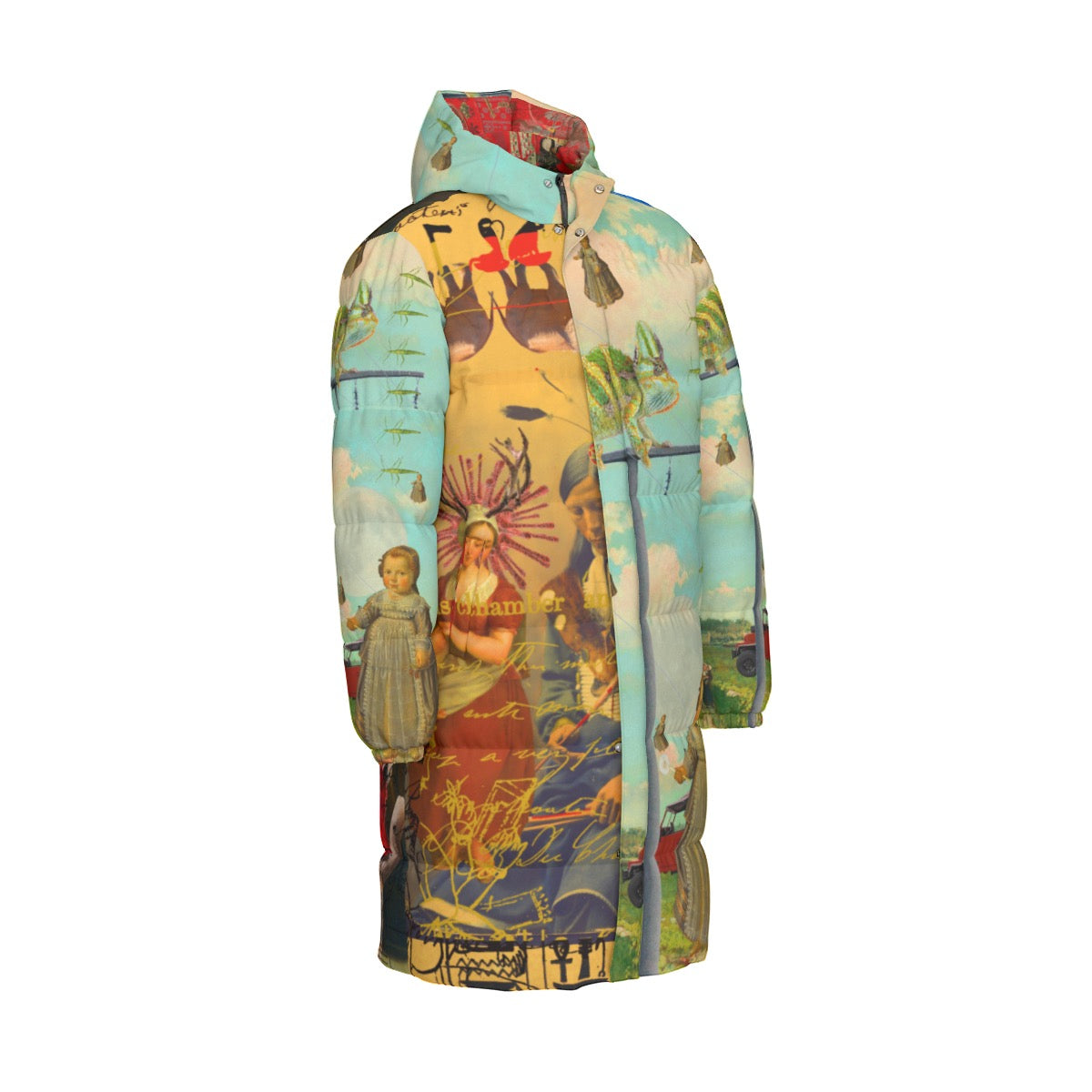 DANDELIONS X THE OLD PHOTO I down puffer jacket featuring vibrant collage print, double zipper, and side pockets.