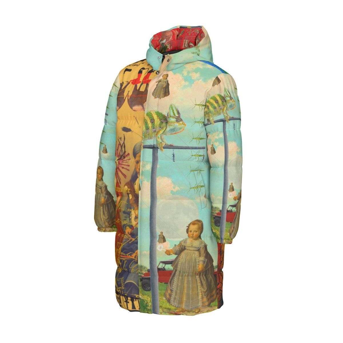 DANDELIONS X THE OLD PHOTO I down puffer jacket featuring vibrant collage print, double zipper, and side pockets.