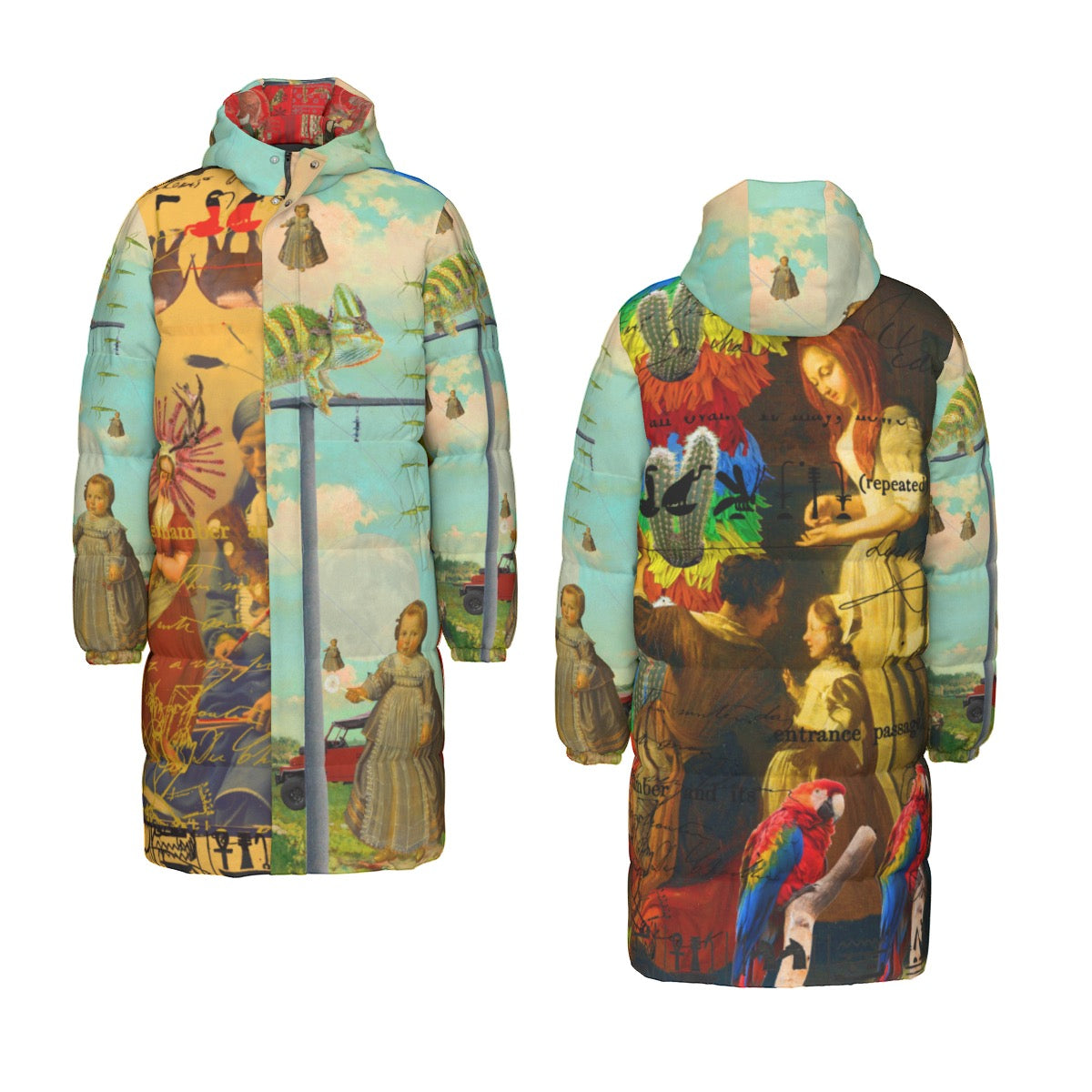 DANDELIONS X THE OLD PHOTO I down puffer jacket featuring vibrant collage print, double zipper, and side pockets.