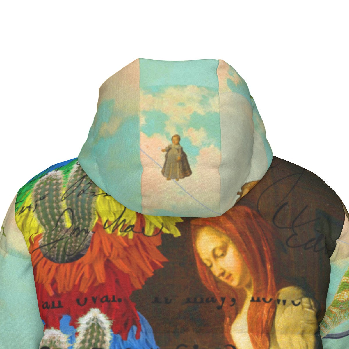 DANDELIONS X THE OLD PHOTO I down puffer jacket featuring vibrant collage print, double zipper, and side pockets.