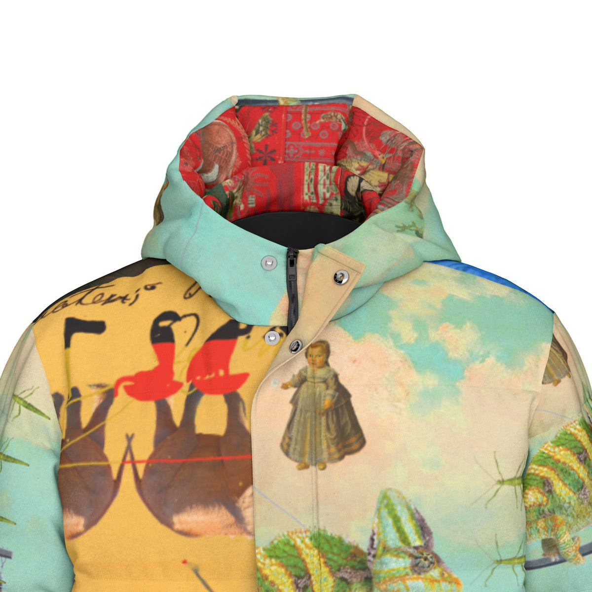 DANDELIONS X THE OLD PHOTO I down puffer jacket featuring vibrant collage print, double zipper, and side pockets.