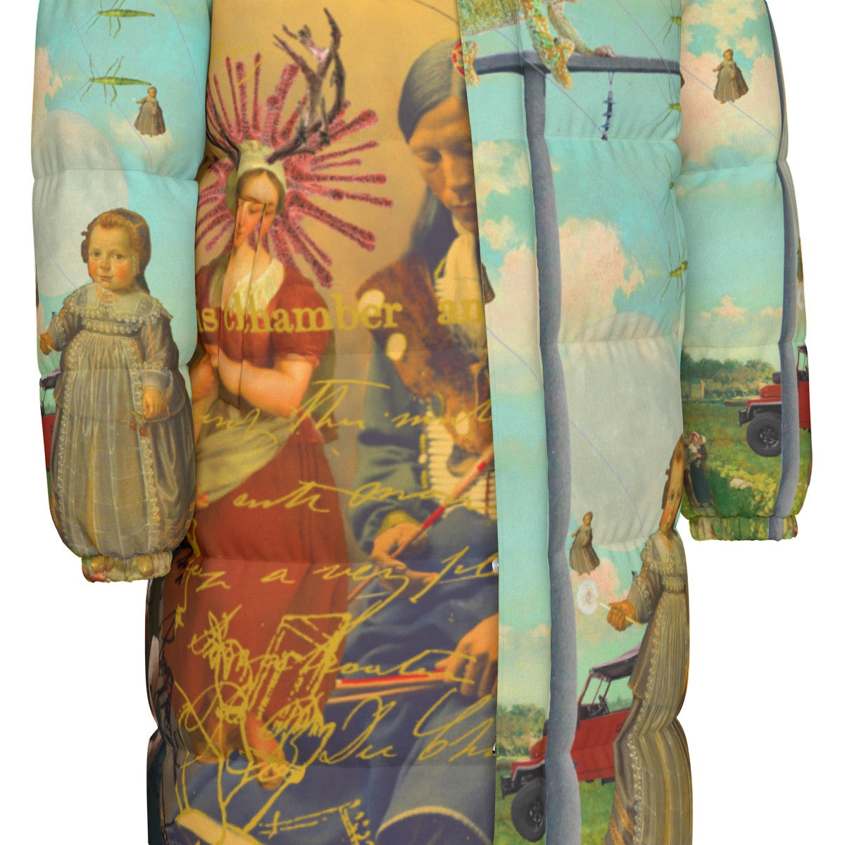 DANDELIONS X THE OLD PHOTO I down puffer jacket featuring vibrant collage print, double zipper, and side pockets.