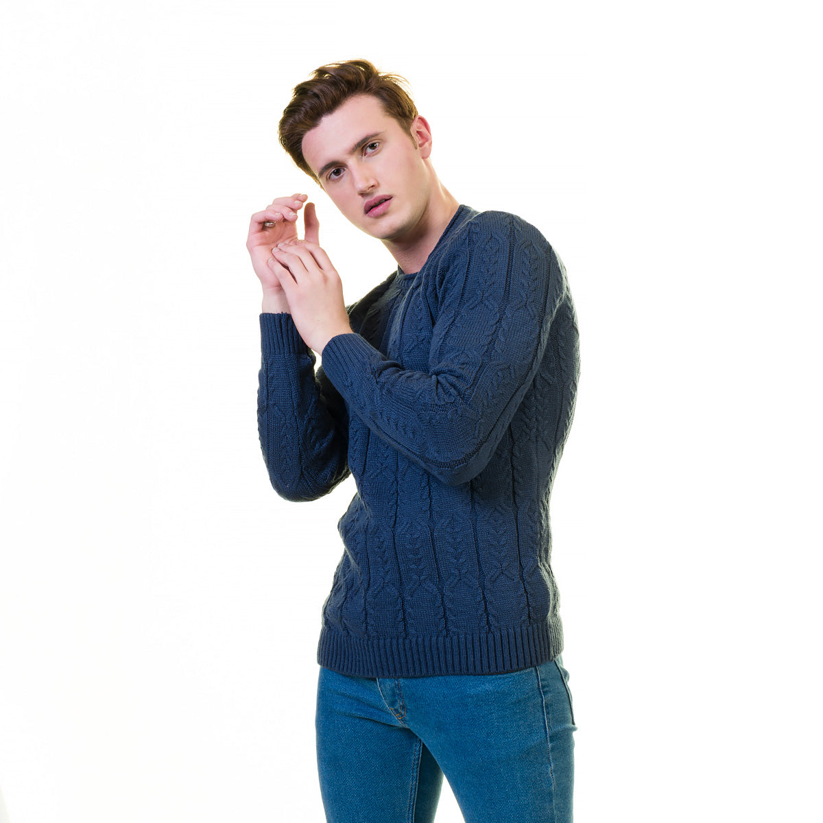 Dark blue luxury zippered sweater jacket made from European cotton, featuring a hoodie and long sleeves, perfect for casual and formal wear.