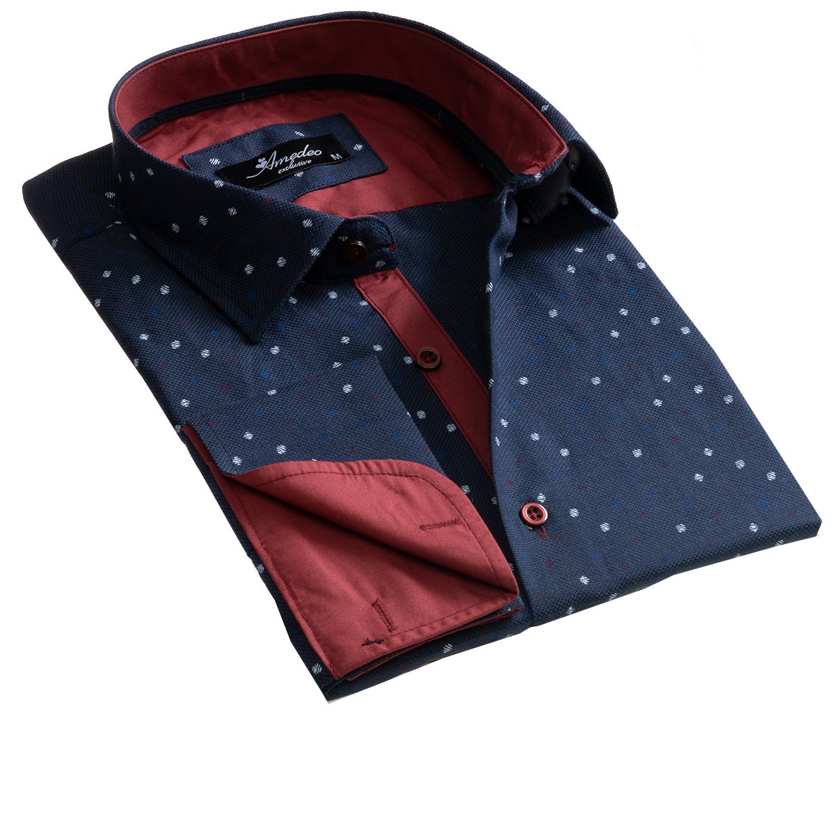 Dark blue men's slim fit French cuff shirt with cufflink holes, showcasing premium cotton fabric and tailored design.
