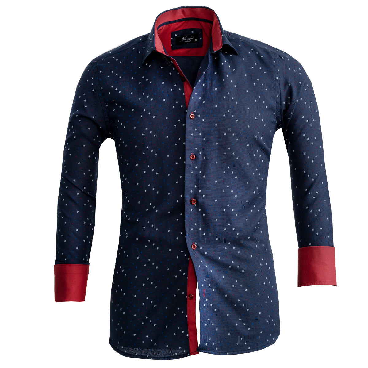 Dark blue men's slim fit French cuff shirt with cufflink holes, showcasing premium cotton fabric and tailored design.