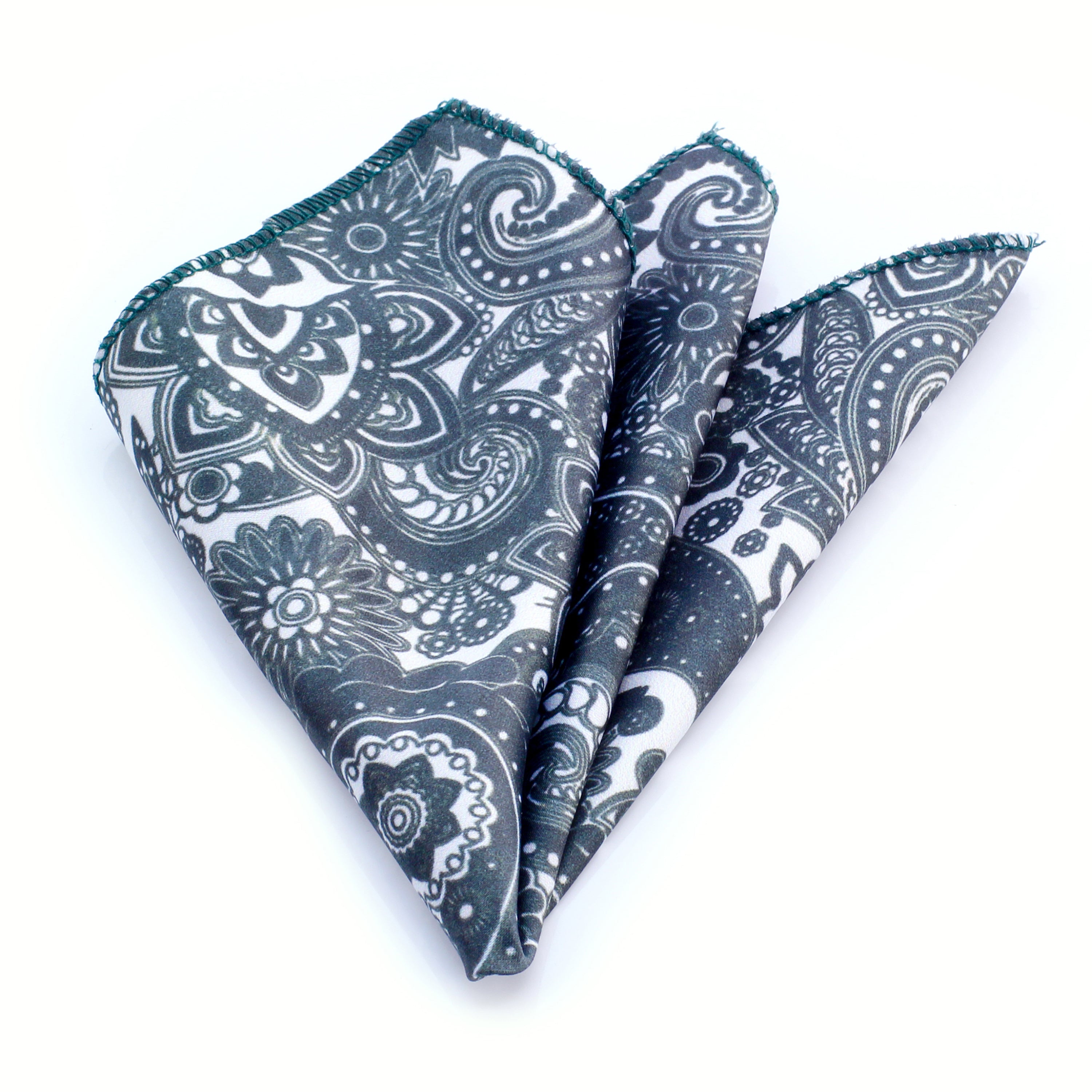 Dark Green and White Paisley Mens Pocket Square made from premium jacquard woven silk, elegantly folded and displayed.