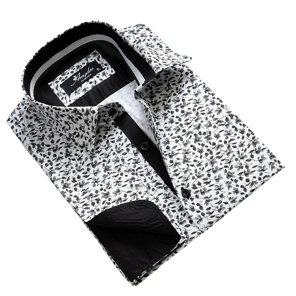 Dark grey floral men's slim fit French cuff shirt with cufflink holes, showcasing a modern design and premium cotton fabric.