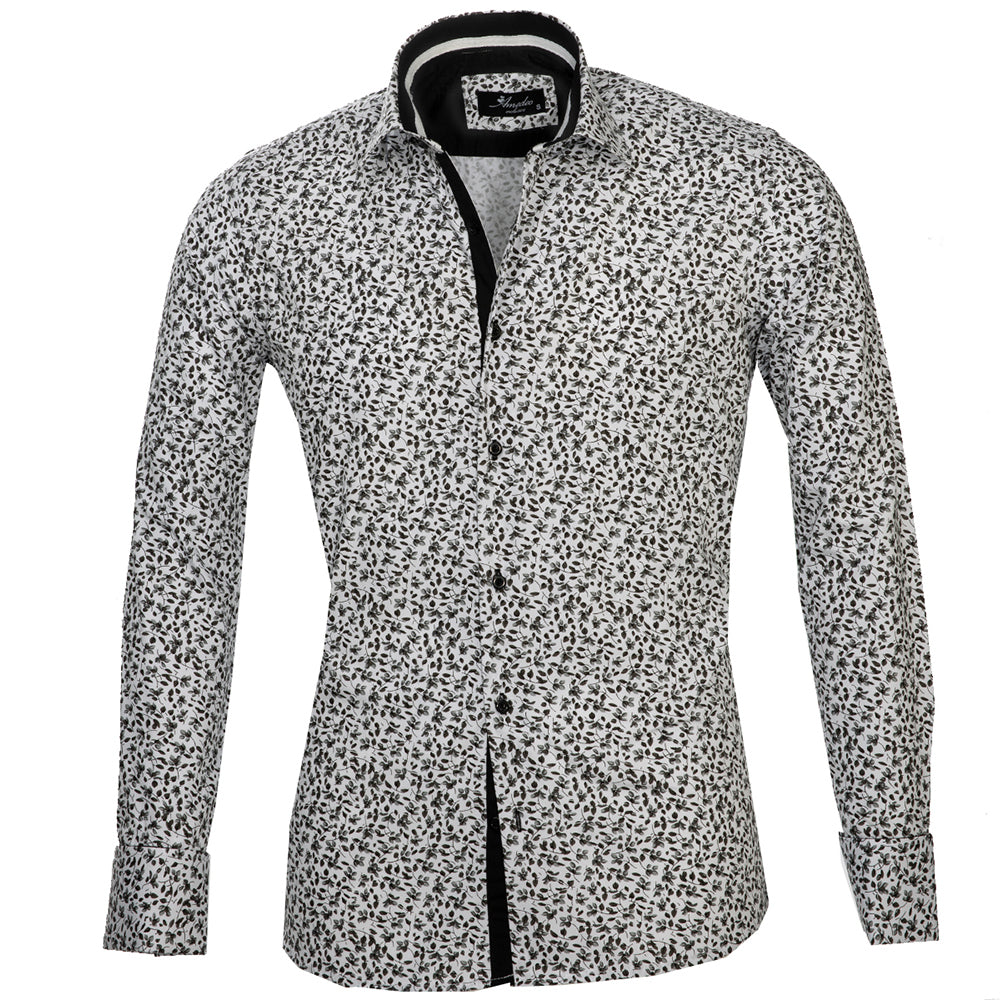 Dark grey floral men's slim fit French cuff shirt with cufflink holes, showcasing a modern design and premium cotton fabric.