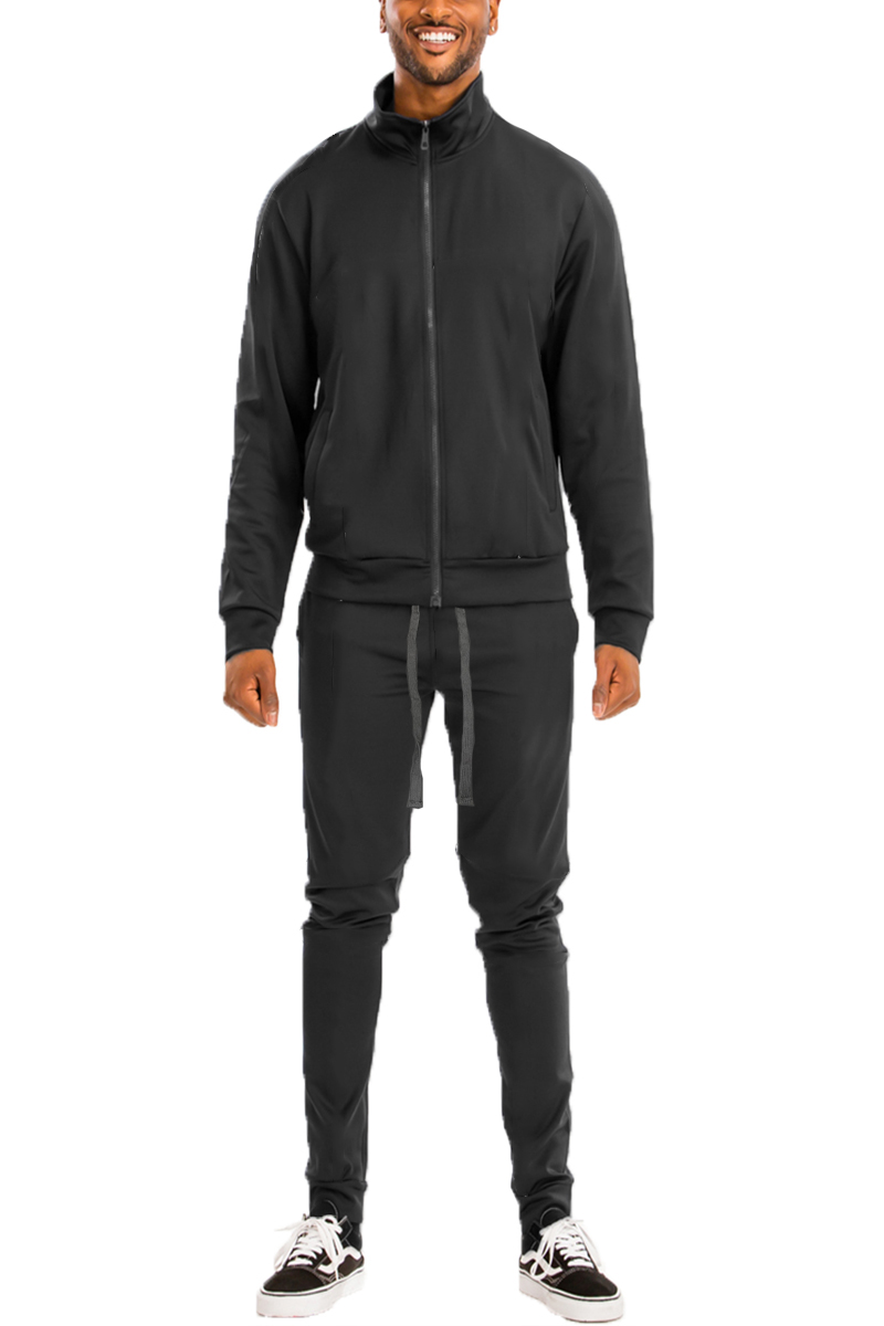 Men's Essential Basic Plain Solid Track Suit featuring a zip-up jacket and matching pants in a solid color, designed for comfort and style.