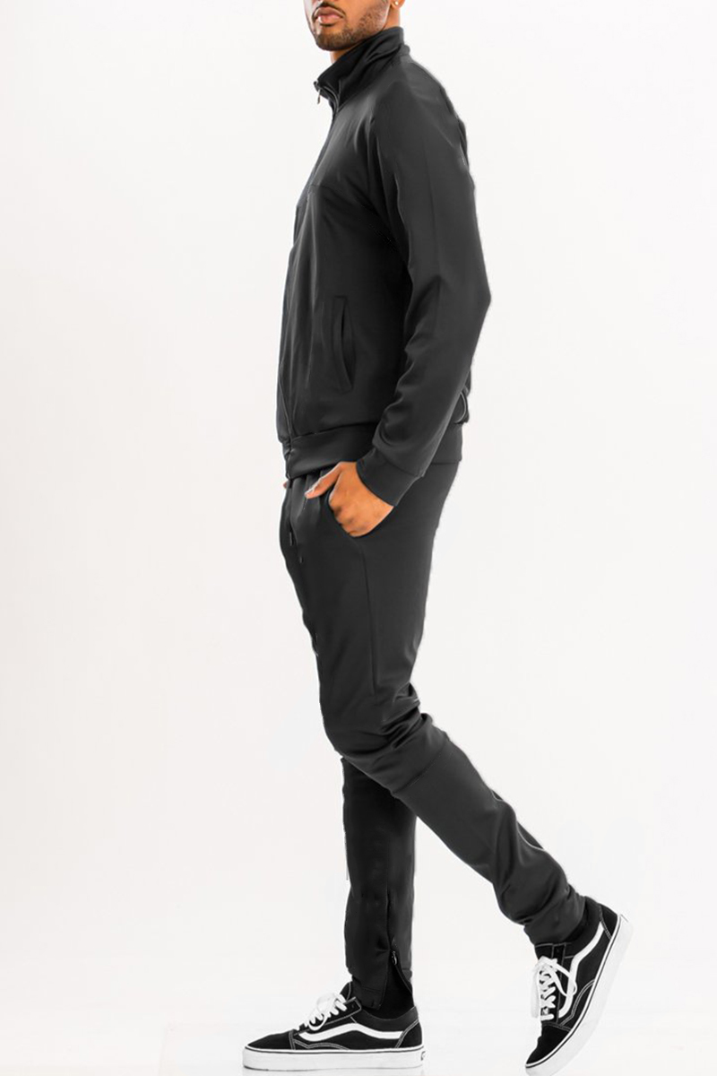 Men's Essential Basic Plain Solid Track Suit featuring a zip-up jacket and matching pants in a solid color, designed for comfort and style.