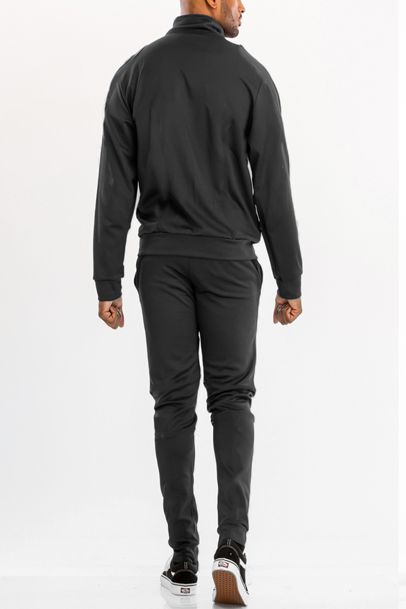 Men's Essential Basic Plain Solid Track Suit featuring a zip-up jacket and matching pants in a solid color, designed for comfort and style.