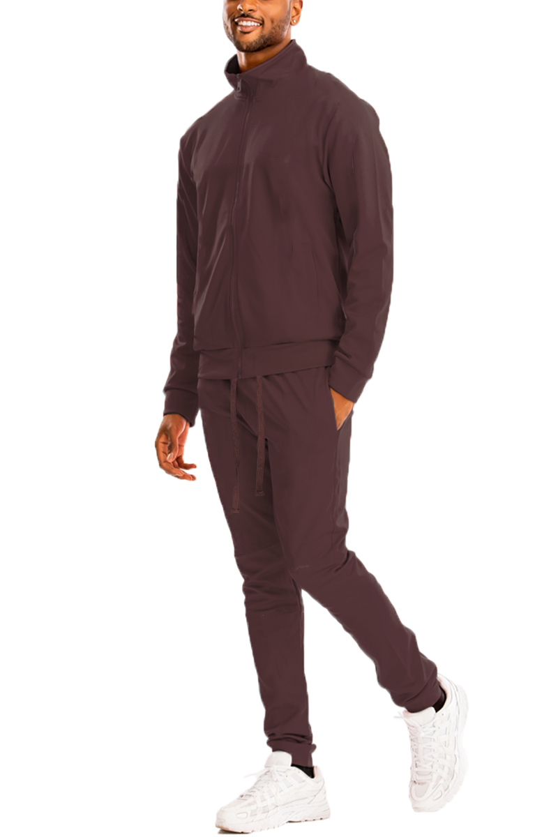 Men's Essential Basic Plain Solid Track Suit featuring a zip-up jacket and matching pants in a solid color, designed for comfort and style.