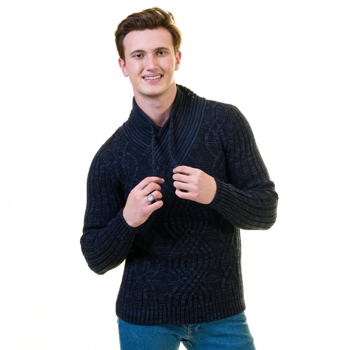 European Wool Luxury Zippered Sweater Jacket in a stylish design, featuring a full front zip and hoodie, made from soft luxury cotton.