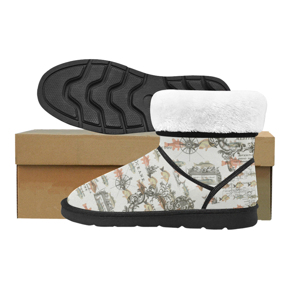 FISH AND A NAUTICAL MAP Unisex All Over Print Snow Boots featuring vibrant art collage design and classic shape.